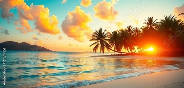 Obraz Tropical beach at sunset, turquoise water, palm trees, summer, explore
