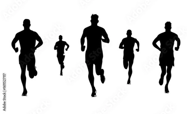 Fototapeta Group of Male Runners in Silhouettes Engaged in Competitive Running Against a White Background