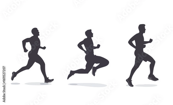 Fototapeta Three Silhouettes of Male Runners in Motion Demonstrating Various Poses and Running Techniques on a White Background