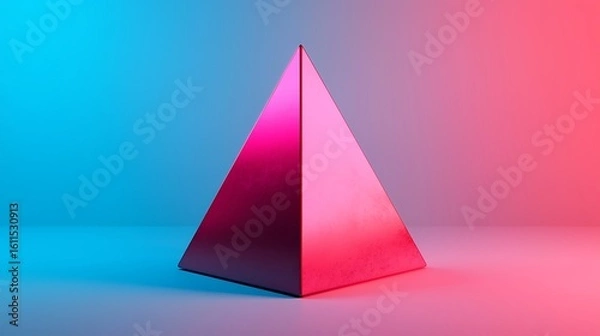 Fototapeta A glossy, metallic pyramid stands centered against a gradient background transitioning from blue on the left to pink on the right.