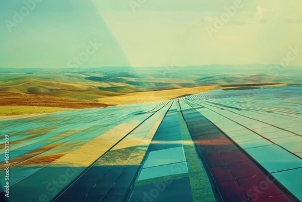 Fototapeta Vast solar farm on rolling hills, generating clean energy, sustainable future.