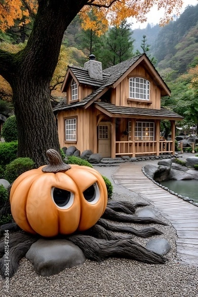 Fototapeta Cozy autumn cabin scene with a large carved pumpkin and fall foliage in the background
