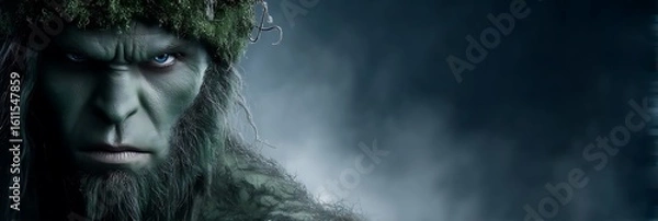 Fototapeta An ancient tree creature with a stern gaze and a beard covered in moss and water droplets