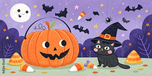 Fototapeta Charming Halloween scene with a friendly cat, pumpkin, bats, and candy corn under a smiling moon