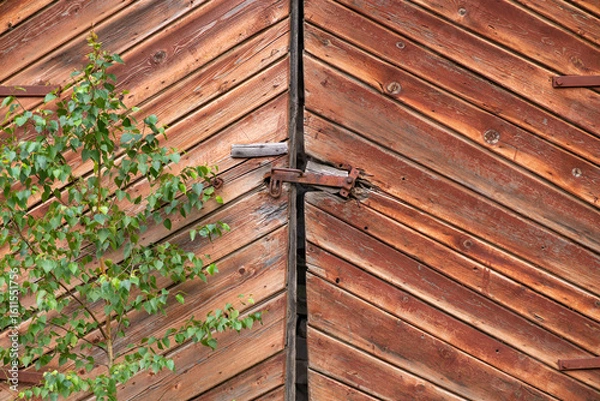 Fototapeta The photo shows a close-up of old wooden gates with diagonal planking set into a brick wall.
