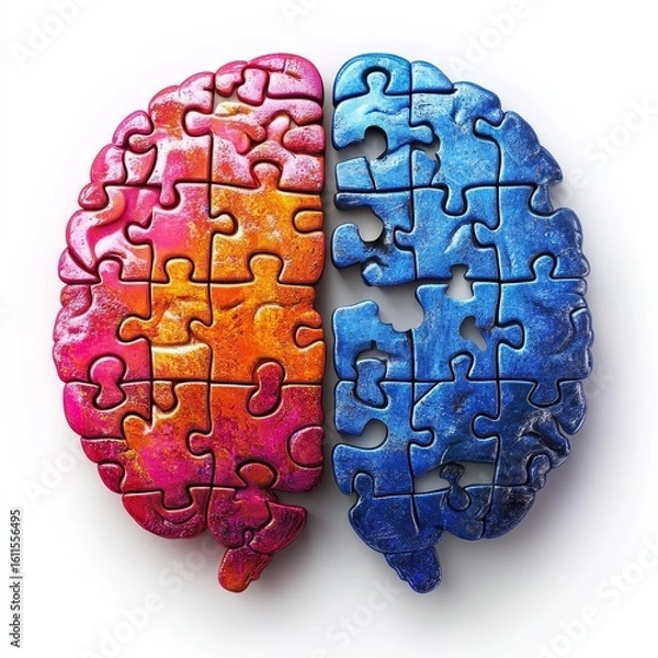 Fototapeta A colorful brain-shaped jigsaw puzzle with the left half in warm red and orange tones, and the right half in cool blue shades, symbolizing brain hemispheres and cognitive functions.