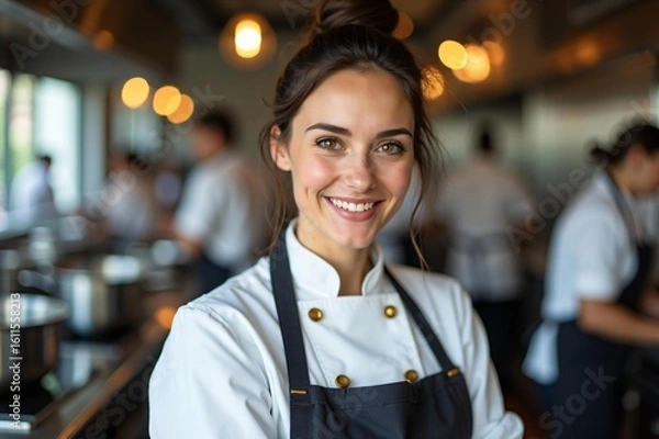 Obraz Smiling chef creates delicious food, culinary arts