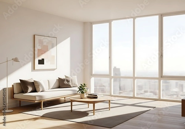 Fototapeta Serene Minimalist Living Room with City View (AI Generated)