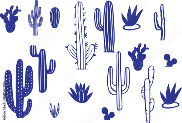 Fototapeta a set of cactus plants in blue and white