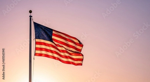 Obraz Stars and Stripes Flag Against Dramatic Sunset Background