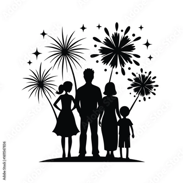 Obraz silhouette of a family watching fireworks backgrou