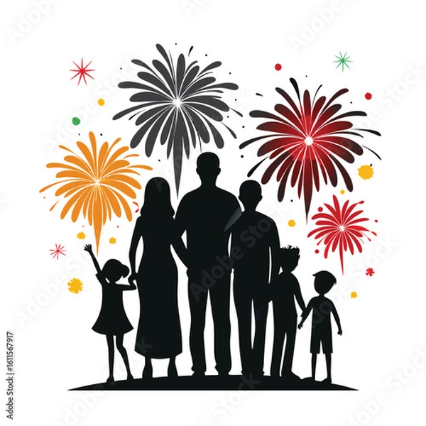Obraz silhouette of a family watching fireworks backgrou