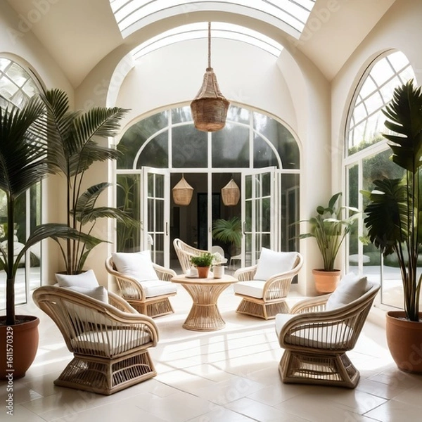 Fototapeta Cozy terrace seating with stylish armchairs and elegant arch decor, bathed in warm natural light creating a relaxed, inviting atmosphere.