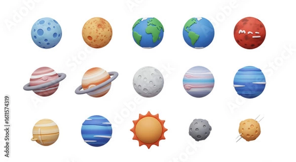 Fototapeta A collection of colorful, stylized 3D illustrations of various planets and the sun, isolated on white.