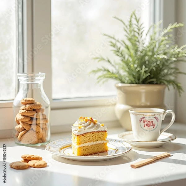 Fototapeta breakfast with coffee, cake and cookies  