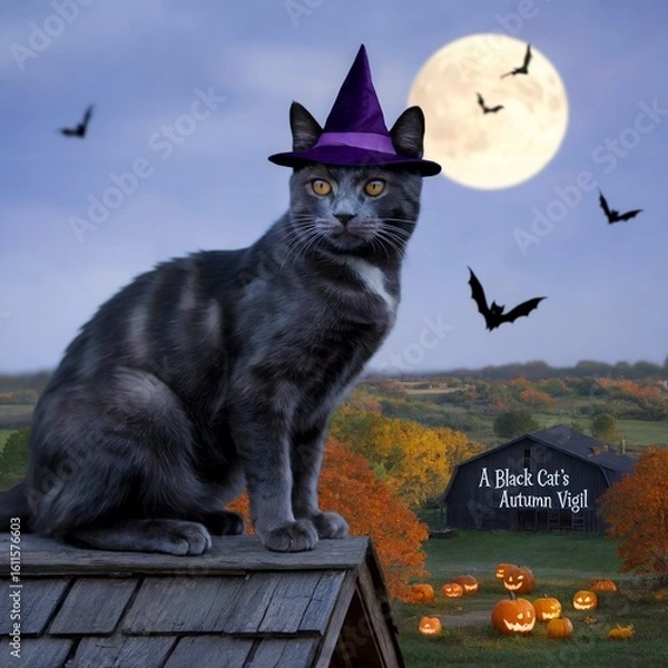 Fototapeta Gray cat wearing witch hat on roof with full moon purple hat