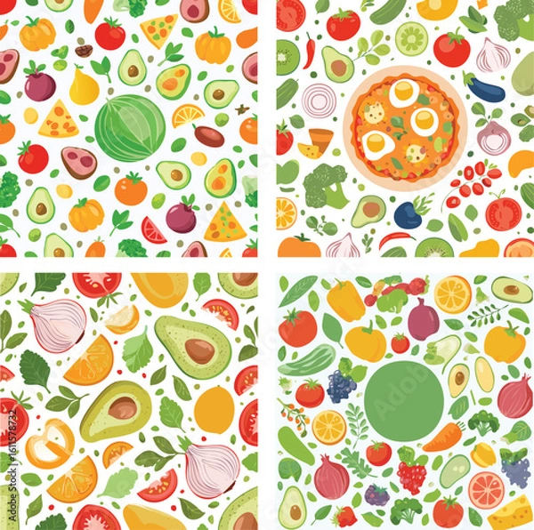 Fototapeta A vibrant set of four seamless food patterns with illustrated fresh fruits, vegetables, and ingredients.