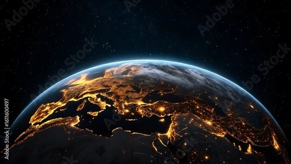 Obraz Illuminated earth from space showing continents lit up with city lights at night