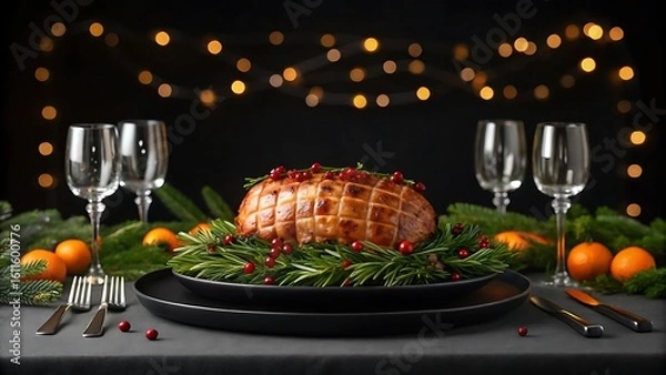 Obraz Festive holiday ham dinner with sparkling lights and garnishes creates a warm and inviting atmosphere