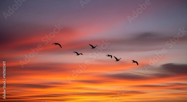 Obraz a picture of a sunset, beautiful sky and flying birds