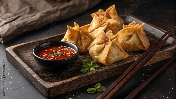 Fototapeta Delicious crab rangoons with dipping sauce on a wooden tray with chopsticks for a tasty appetizer