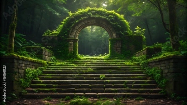 Obraz Ancient moss covered stone archway and overgrown stairs leading into a mystical sun dappled forest clearing