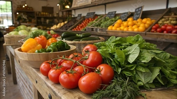Fototapeta A display of fresh produce at a market with tomatoes peppers and other vegetables on wooden shelves