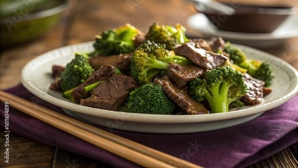 Fototapeta A plate of beef and broccoli stir fry with chopsticks on a purple napkin on a wooden surface