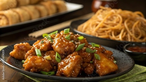 Fototapeta Close up of orange chicken dish with noodles and spring rolls on a dark wooden table setting