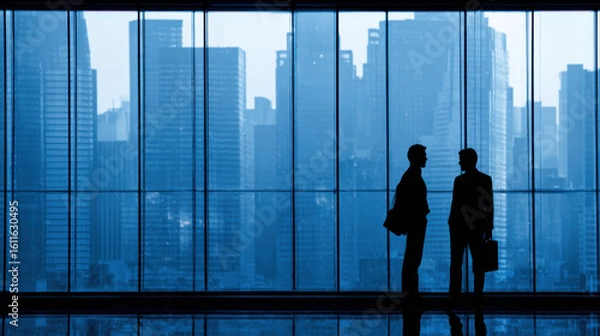 Fototapeta Two silhouetted business people stand discussing a deal in front of a large window overlooking a modern city skyline in an office environment with blue tones.