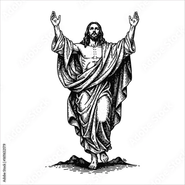 Obraz A detailed illustration of Jesus Christ standing with arms raised in a gesture of blessing or triumph, depicted in a classic, reverent style.