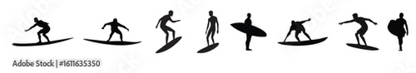 Fototapeta Set of surfer vector illustration. A collection of surfing silhouettes featuring different surf poses and actions. Ideal for sports, adventure, and ocean-themed designs.