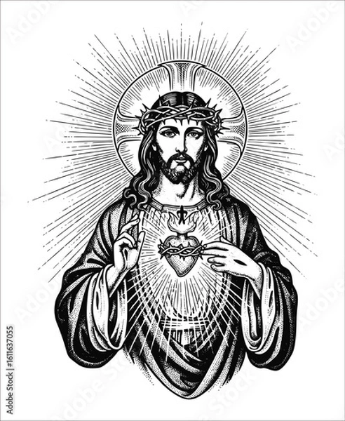 Fototapeta A striking black and white illustration of Jesus Christ, depicted with a crown of thorns, a radiant halo, and his Sacred Heart exposed, conveying divine love and sacrifice.