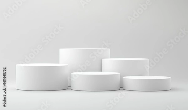 Fototapeta Five White Cylindrical Podiums of Varying Heights on a White Background Studio Shot