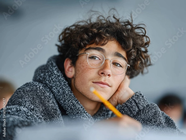 Obraz Curly haired student thinking during classroom lesson