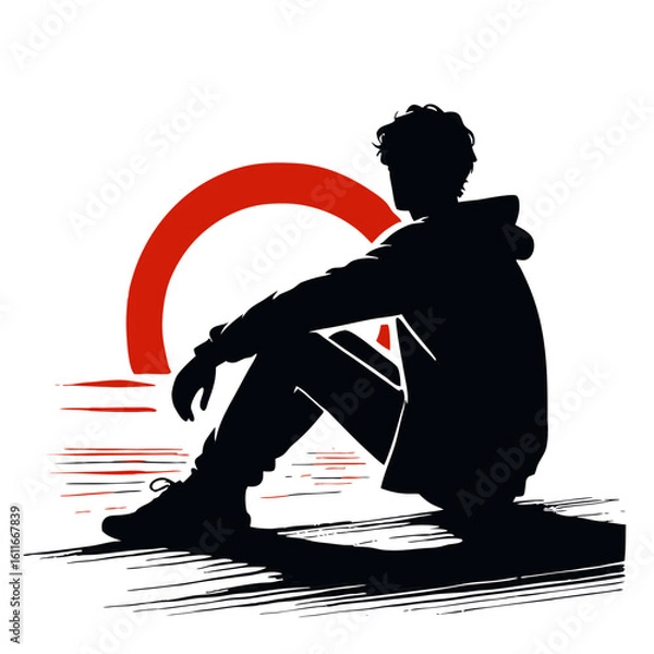 Fototapeta Silhouette man contemplates life during sunset, embodying reflective solitude. Silhouette man is sitting quietly by sea with distant horizon. Reflective solitude.
