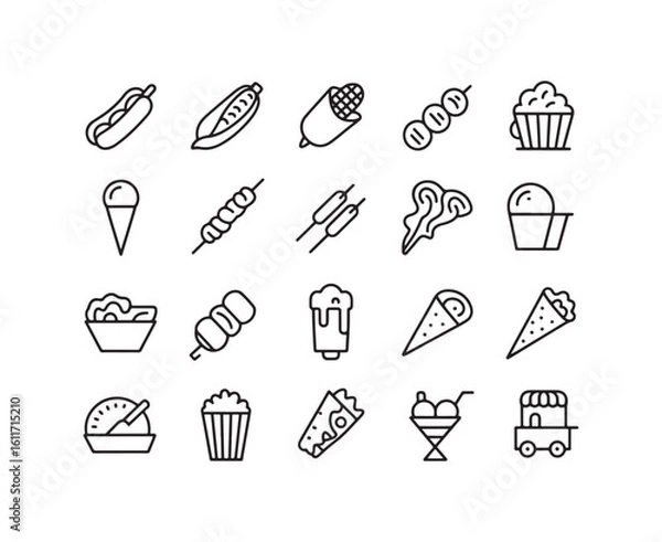 Obraz Collection of black outline icons representing various food items and a food cart hot dog corn on the cob