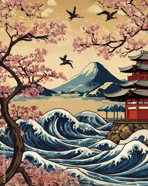 Obraz Seamless Pattern Serene Japanese landscape with cherry blossoms.
