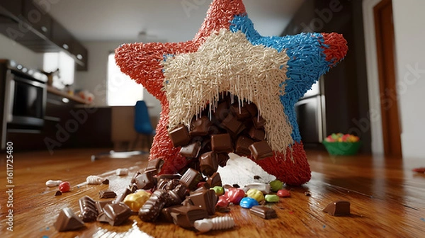 Fototapeta A colorful star-shaped object, filled with chocolate, spills onto a wooden floor.  Colorful candies and chocolate pieces litter the floor around a large, star-shaped confection