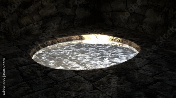 Obraz Circular pool of water in a dark stone room. Sunlight highlights the water's surface.  Stone walls and floor surround the pool