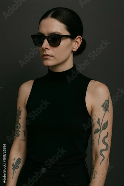 Obraz 黒のノースリーブタートルネックとサングラスを着用した女性のミニマルポートレート｜薔薇と蛇のタトゥーが映える静かな表情と暗灰色の背景が印象的