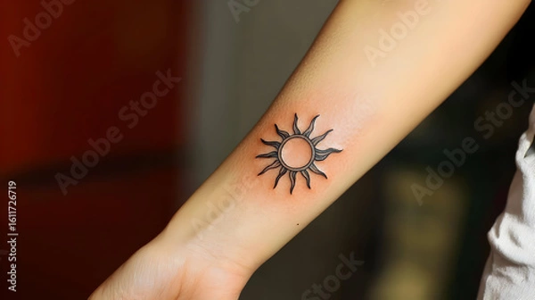 Fototapeta Small sun tattoo on a person's forearm.  Simple black ink design of a sun with radiating rays.  Light-skinned arm