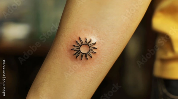 Fototapeta Small, simple sun tattoo on the forearm.  A minimalist design with thin black lines forming a circular sunburst