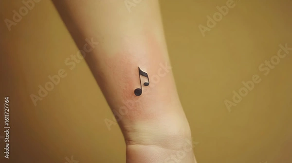 Fototapeta Tiny music note tattoo on the wrist.  A simple, black musical note is delicately inked on a light-skinned wrist.  The tattoo appears fresh and small
