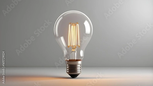 Obraz Glowing clear filament light bulb on gray background perfect for electricity innovation or energy concept visuals