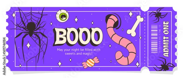 Obraz Ticket to Halloween. Festive and spooky ticket for the Halloween celebration with cobwebs, candies, a bone, a worm, spiders, and an eye. Modern ticket design for the holiday. One ticket. Boo