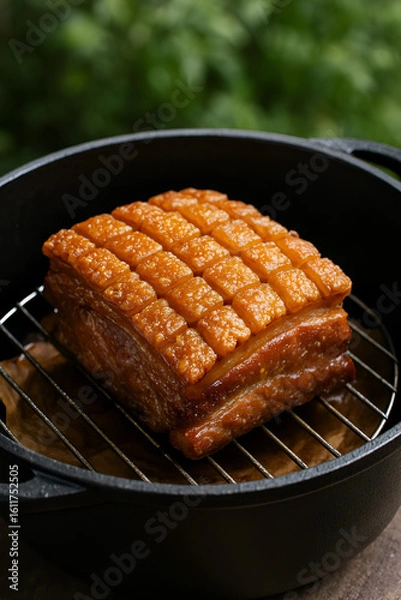 Obraz 黒い鋳鉄鍋に入ったカリカリの皮付きローストポーク｜格子状に切れ目を入れた黄金色のパリパリ食感が際立つ焼きたて肉料理の高画質クローズアップ写真
