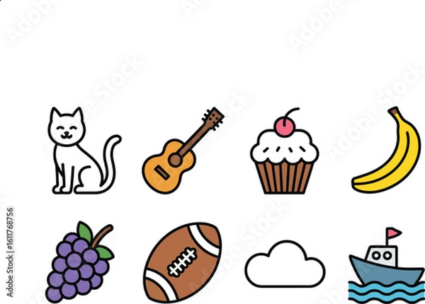 Fototapeta Cat guitar cupcake banana grapes football cloud boat icons kitten feline