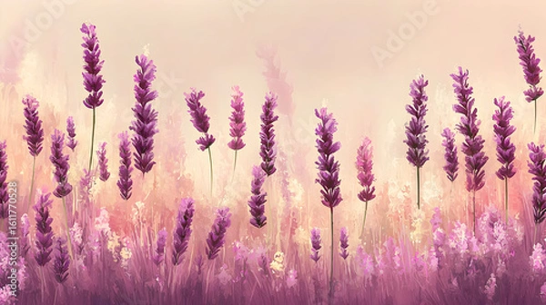 Fototapeta Lavender field in soft pastel hues.  Delicate, artistic portrayal of lavender plants in a sunlit meadow, with a gentle color gradient