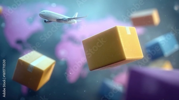 Obraz Airplane and Delivery Boxes Floating Above World Map Background